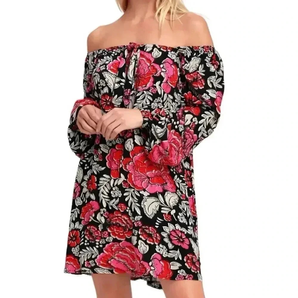 Billabong Spring Warrior Black Floral Print Long Sleeve Shift Dress Medium